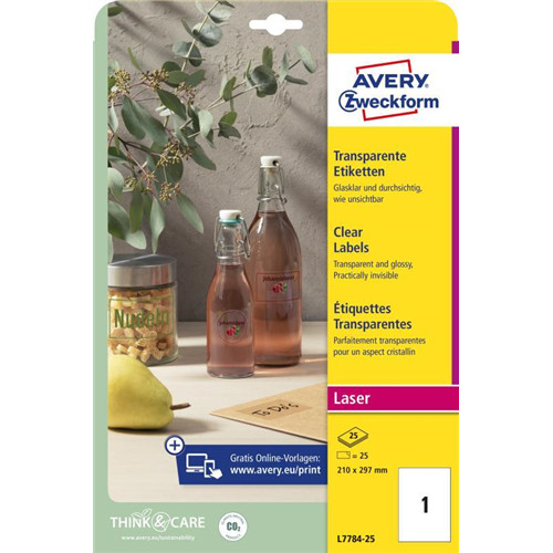 Avery víztiszta átlátszó címke 210x297mm - L7784-25