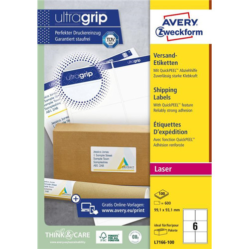 Avery fehér öntapadó csomag címke 99,1x93,1mm - L7166-100