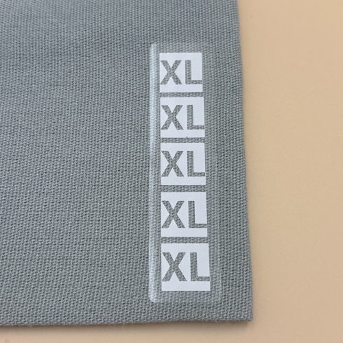 MÉRETJELZŐ 80x20mm átlátszó műanyag címke 500 db/40gy (XS,S,M,L,XL,2XL,3XL) - FEHÉR keret