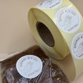   Bérnyomtatás - 38mm körcímke HANDMADE WITH LOVE - szeretettel kézzel készített, ARANY nyomat 