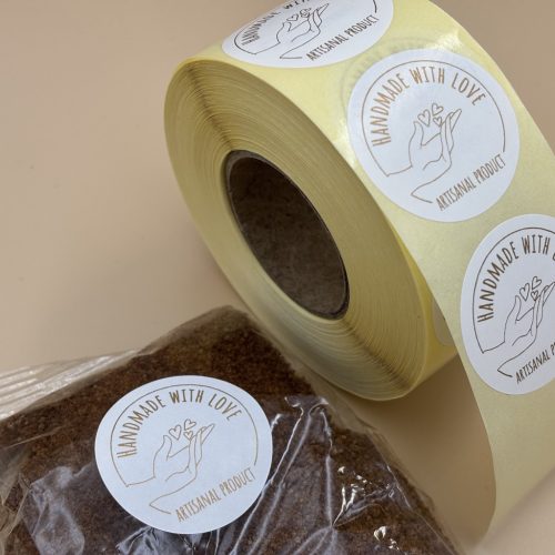 Bérnyomtatás - 38mm körcímke HANDMADE WITH LOVE - szeretettel kézzel készített, ARANY nyomat 