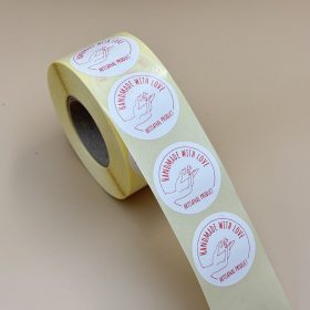   Bérnyomtatás - 38mm körcímke HANDMADE WITH LOVE - szeretettel kézzel készített - PIROS nyomat