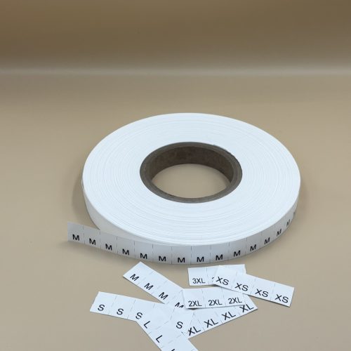 Bérnyomtatás - TEXTIL bevarrható műanyag címkére - POLYESTER  - MÉRETJELZŐ: XS, S, M, L,  XL,  XXL