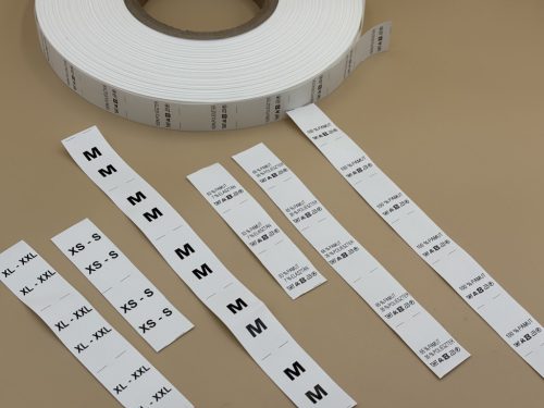 Bérnyomtatás  - TEXTIL bevarrható műanyag címkére - POLYESTER  - MÉRETJELZŐ címke, XS, S, M, L, XL, XXL